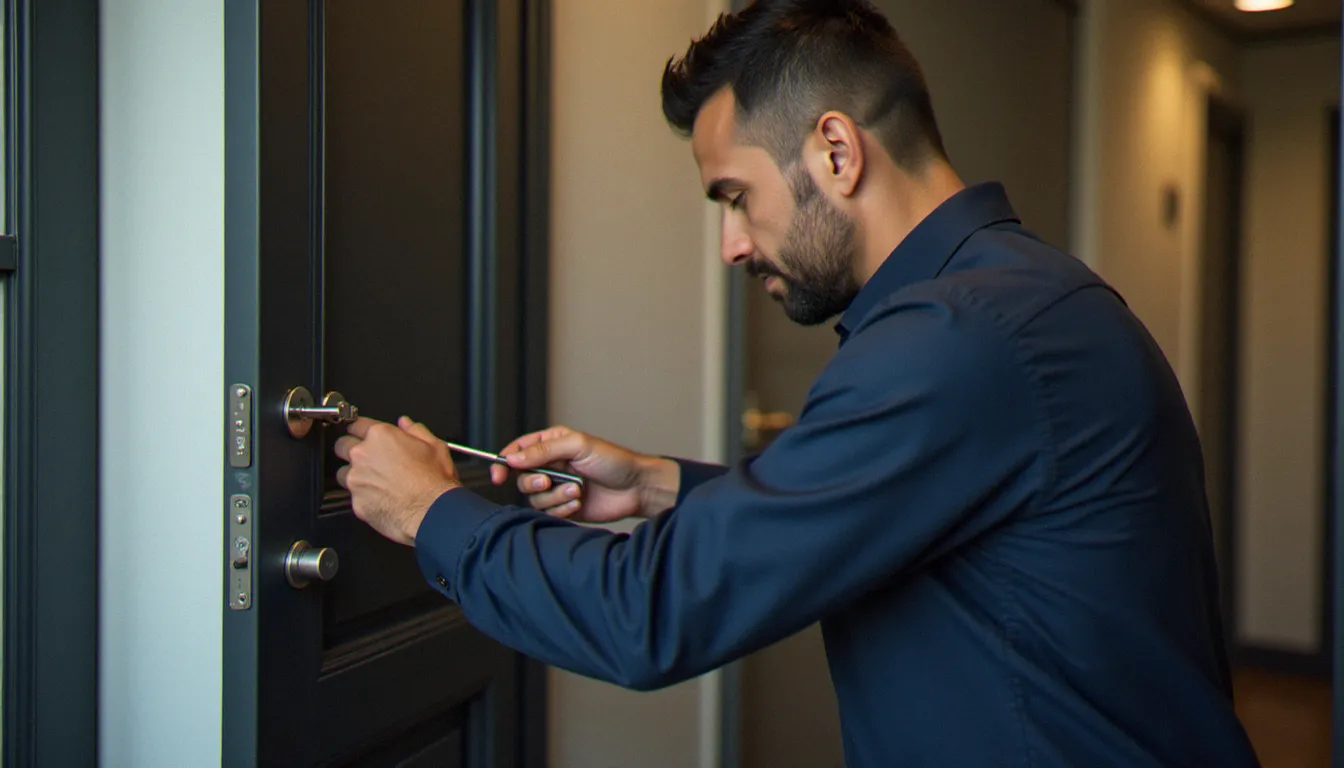 Serrurier professionnel en blouse bleue installant une serrure à combinaison électronique sur la porte d'un appartement dans un immeuble lyonnais