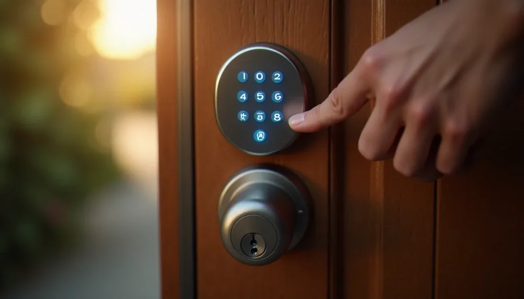 Main appuyant sur les touches d'une serrure à combinaison électronique en acier inoxydable montée sur une porte d'entrée en bois sombre