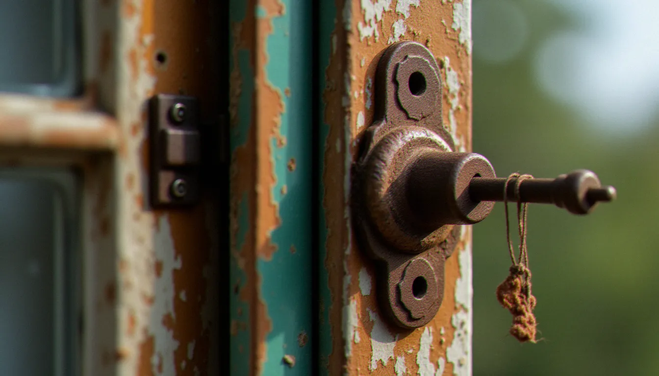 Détail d'une serrure à crémone ancienne et rouillée sur une porte-fenêtre en bois, illustrant les risques d'une ferrure défaillante non remplacée