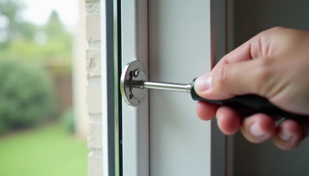 Serrurier posant une serrure à crémone multi-points sur un châssis de fenêtre en PVC blanc dans un appartement lyonnais