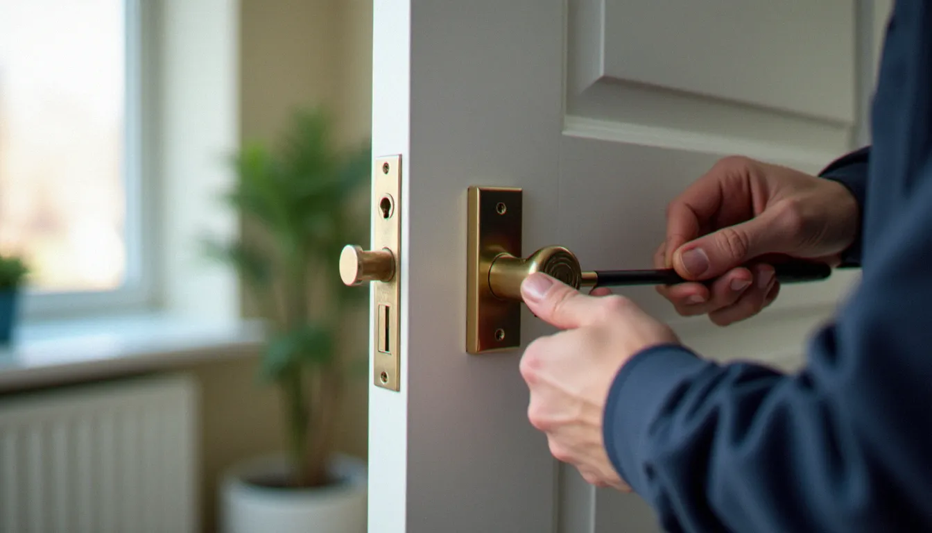 Serrurier en intervention remplaçant les garnitures d'une serrure sur une porte palière d'appartement