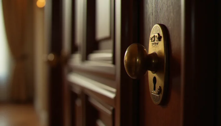 Serrure à garnitures en laiton sur une porte d'entrée en bois d'immeuble lyonnais, avec rosace et béquille visibles