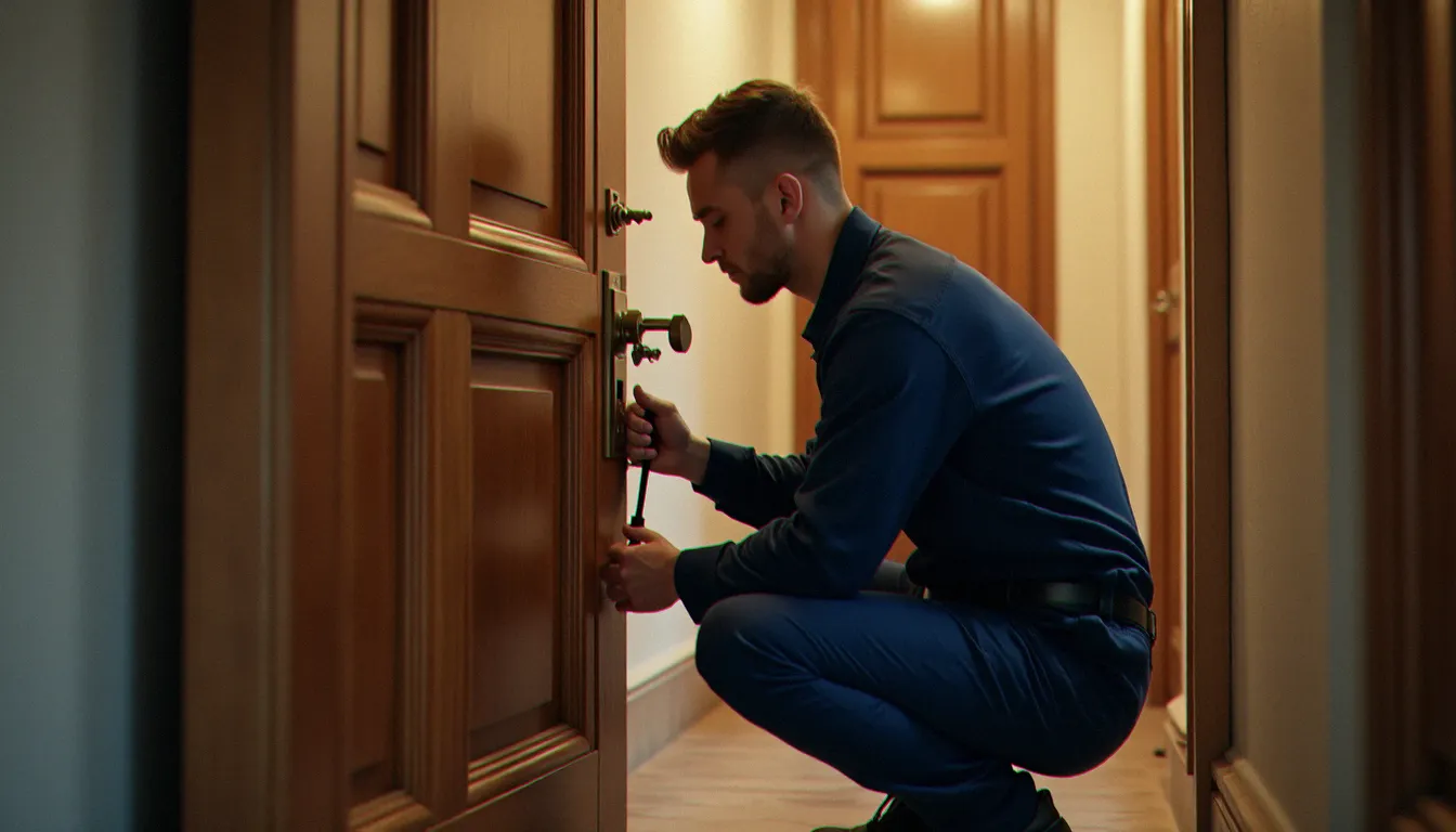 Serrurier en uniforme de travail posant une nouvelle serrure à gorges haute sécurité sur une porte d'entrée en chêne massif dans le couloir d'un immeuble haussmannien à Lyon
