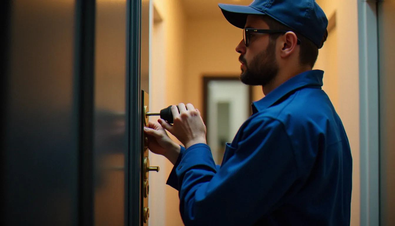 Serrurier professionnel en tenue de travail installant un nouveau cylindre à goupilles haute sécurité sur une porte d'entrée d'appartement dans un couloir d'immeuble lyonnais