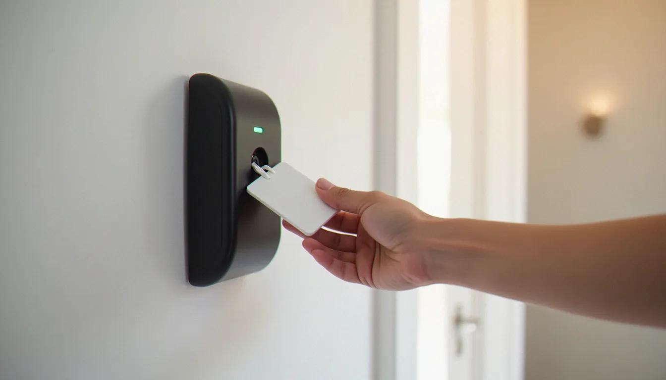 Main présentant un badge RFID blanc devant une serrure avec badge noire installée sur une porte d'entrée résidentielle blanche à Lyon