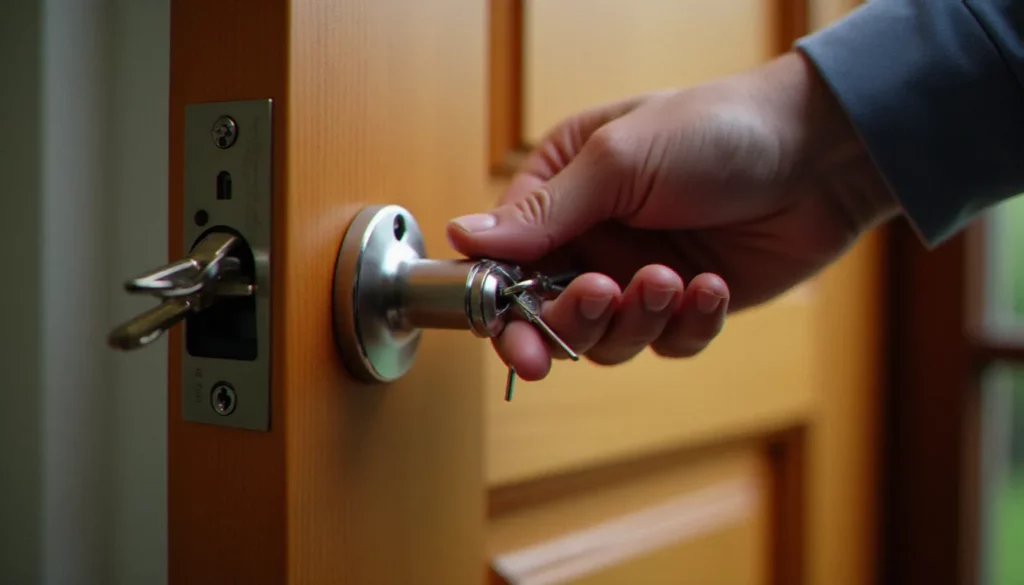 serrure avec cle featured Serrurier insérant une clé dans une serrure avec clé haute sécurité sur une porte d'entrée en bois à Lyon