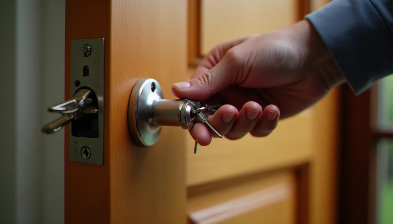 Serrurier insérant une clé dans une serrure avec clé haute sécurité sur une porte d'entrée en bois à Lyon