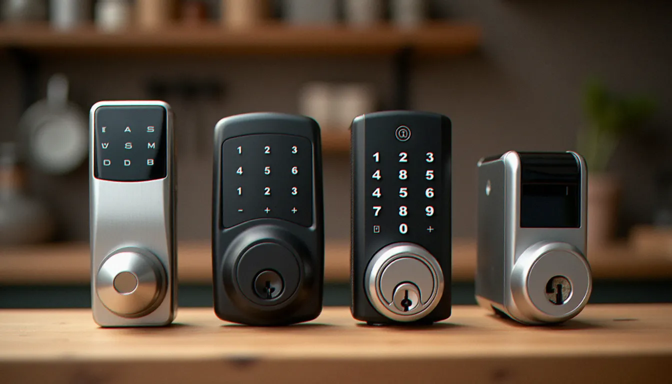 Comparaison de quatre types de serrures avec code disposées sur un établi de serrurier : mécanique, électronique, connectée Bluetooth et biométrique