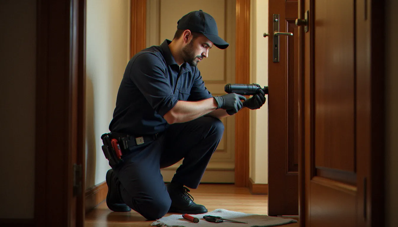 Serrurier professionnel en train d'installer une serrure avec code encastrée dans une porte d'entrée en bois d'un appartement lyonnais