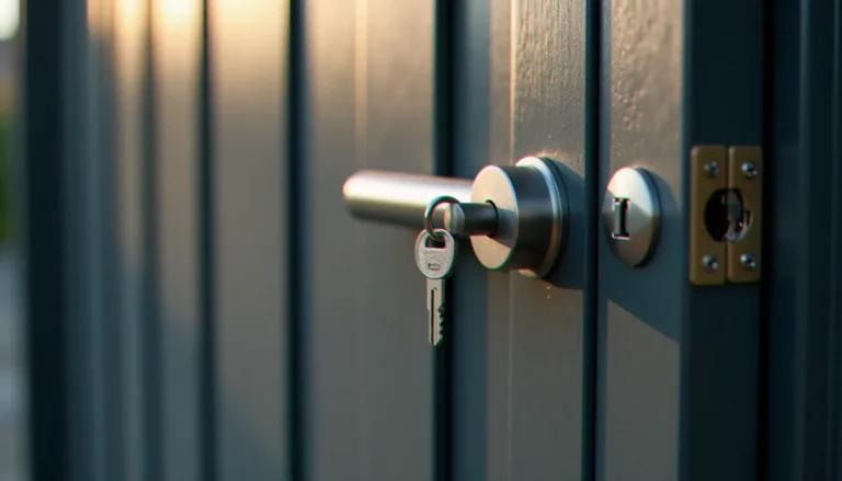 Serrure de sécurité installée sur la porte d'un abri de jardin Biohort en acier gris anthracite, cylindre visible avec clé insérée