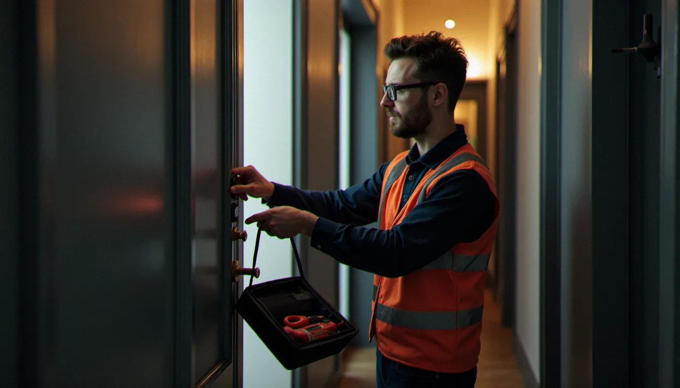 Serrurier professionnel installant une serrure biométrique noire sur une porte blindée dans un immeuble résidentiel lyonnais