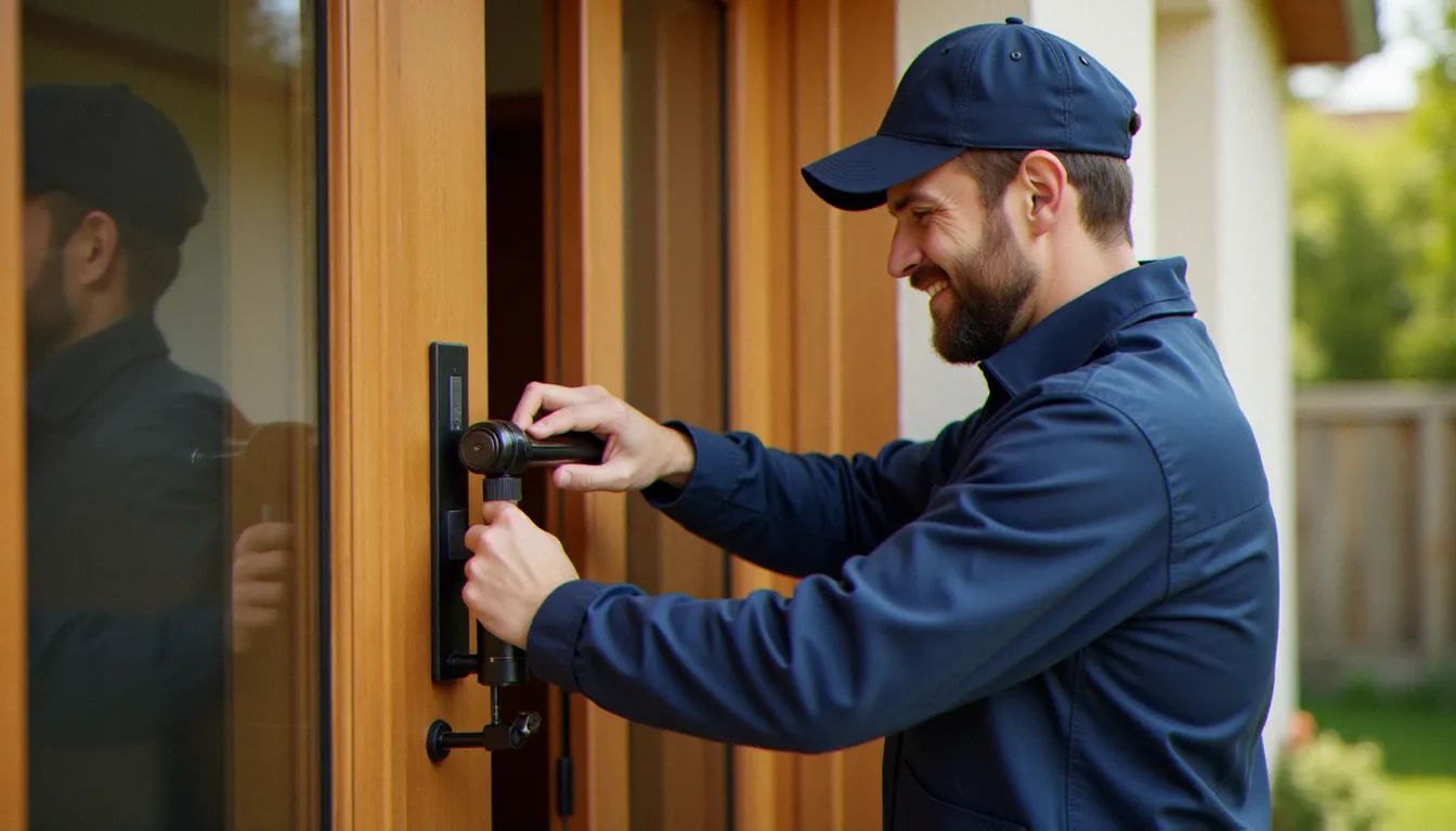 Serrurier professionnel en tenue de travail installant une serrure biométrique extérieur sur la porte d'entrée d'une maison individuelle à Lyon