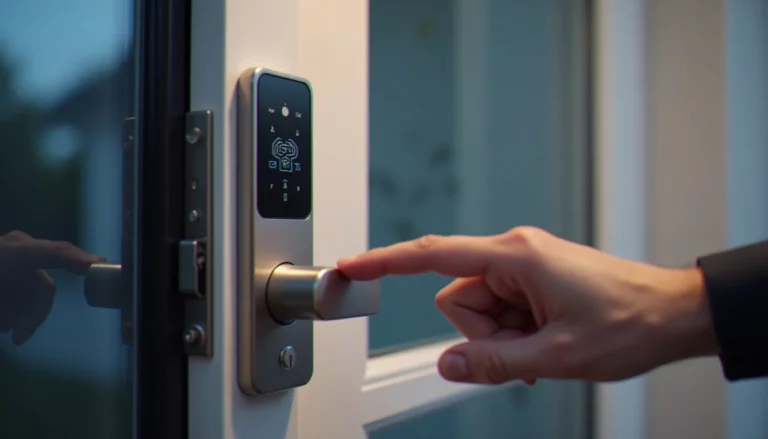 Serrure biométrique à empreinte digitale installée sur une porte d'entrée moderne, doigt posé sur le capteur lumineux