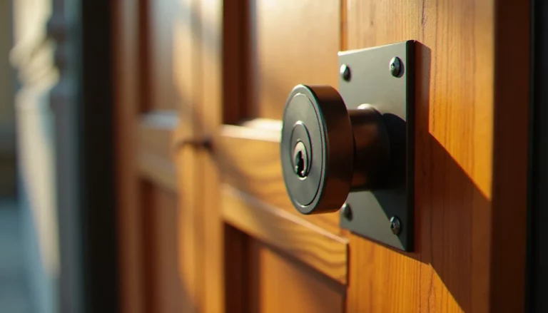Serrure efficace certifiée A2P avec rosace de protection anti-perçage installée sur une porte d'entrée en bois massif