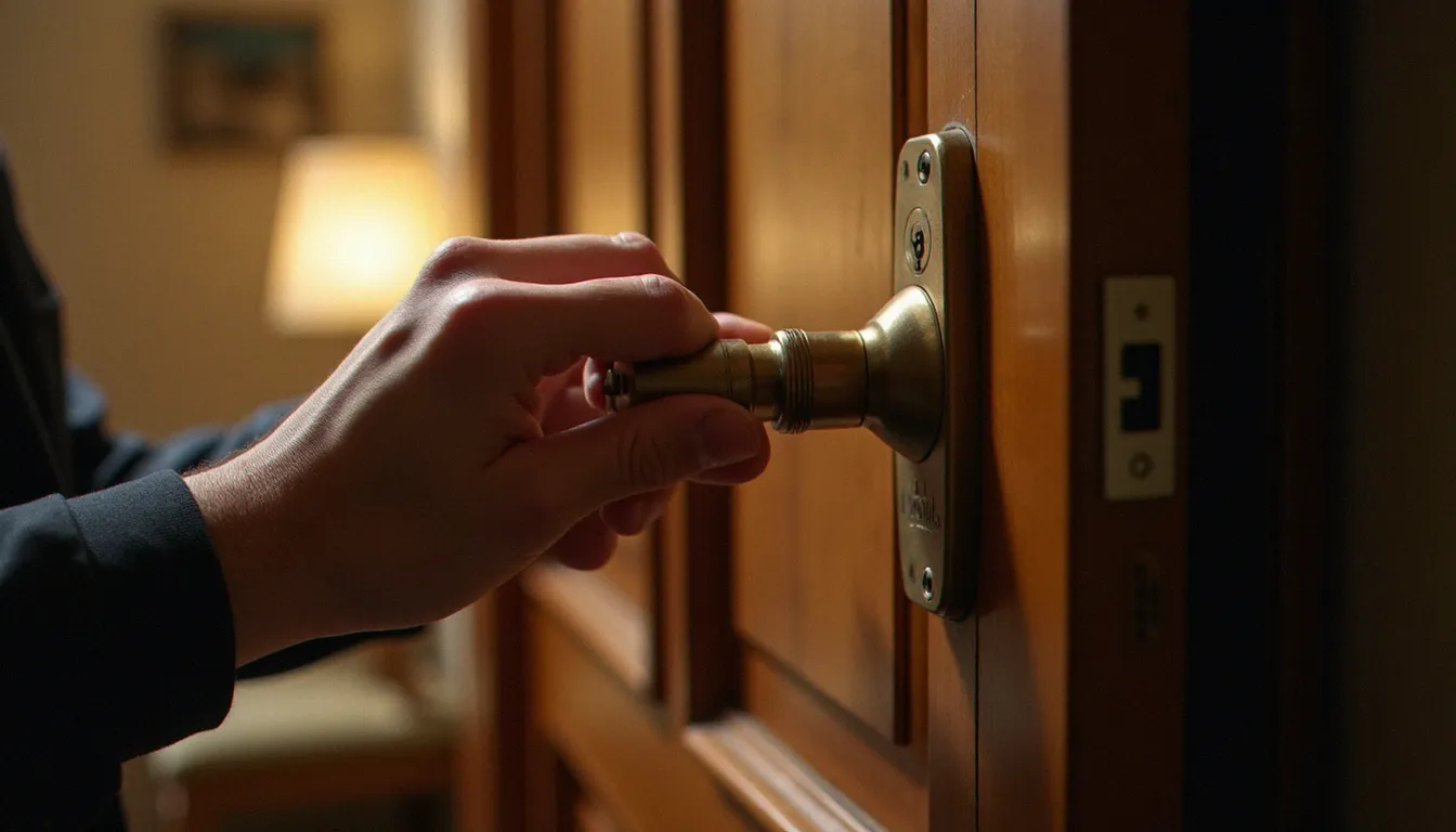Serrurier professionnel installant une serrure france certifiée A2P sur une porte d'entrée en bois massif dans un couloir d'immeuble