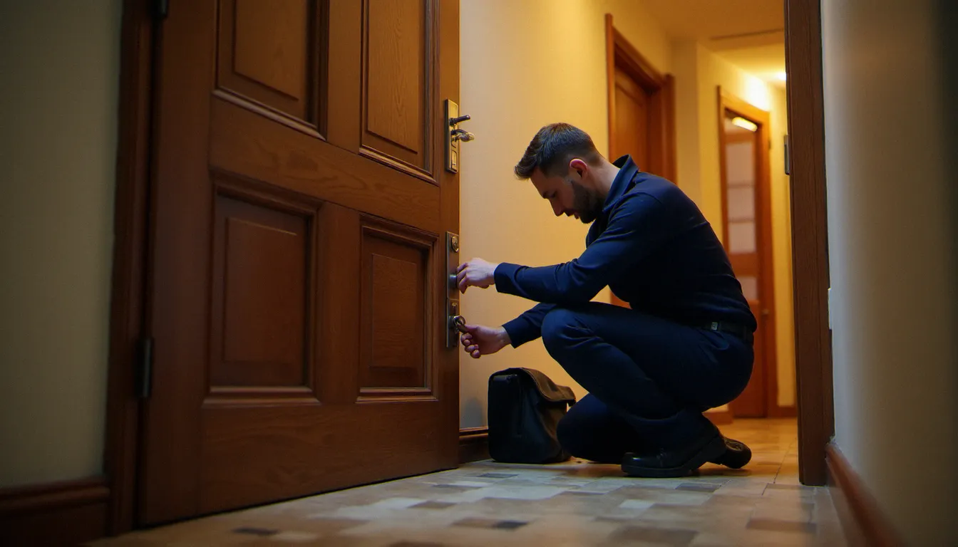 Serrurier professionnel installant une serrure multipoints haute sécurité sur une porte d'entrée d'appartement dans un immeuble lyonnais, démontrant le niveau de protection recommandé après achat d'un serrure prix Algérie