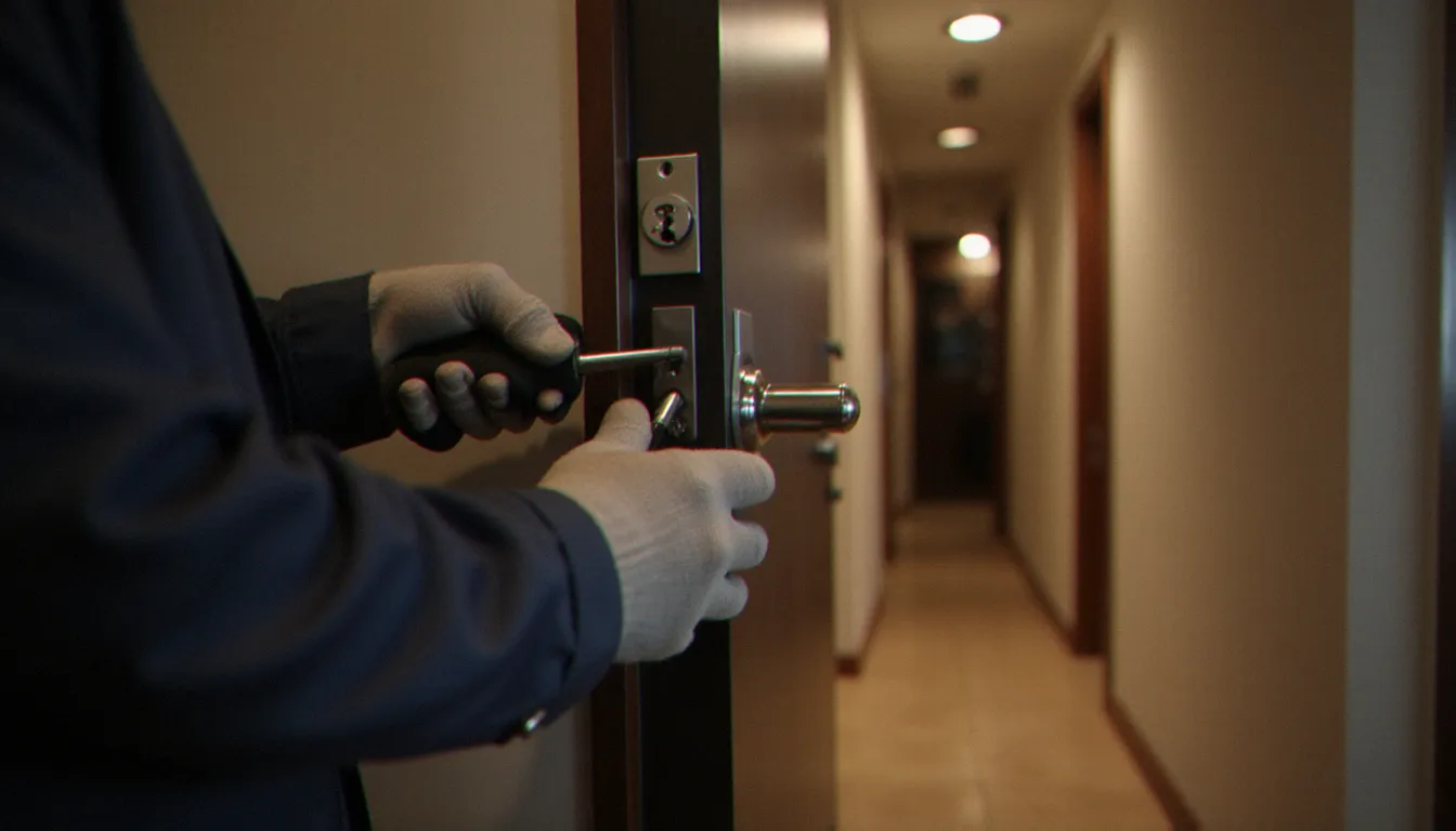 Pose d'une serrure sans poignée à cylindre haute sécurité sur une porte blindée d'appartement par un serrurier spécialisé