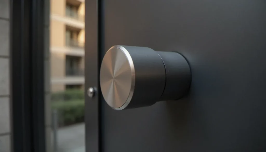 Porte d'entrée moderne en acier anthracite équipée d'une serrure sans poignée avec cylindre affleurant haute sécurité