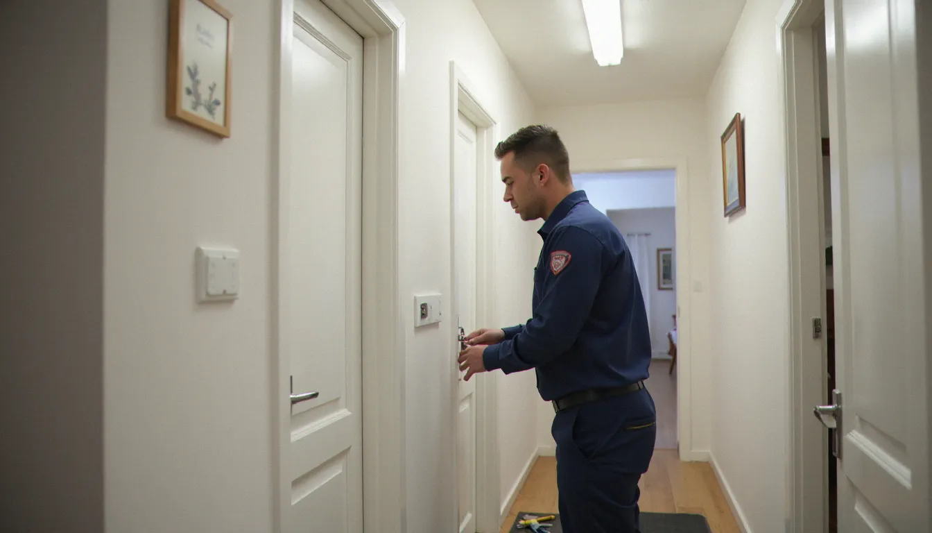 Serrurier professionnel inspectant une serrure de porte d'appartement pour évaluer le niveau de sécurité