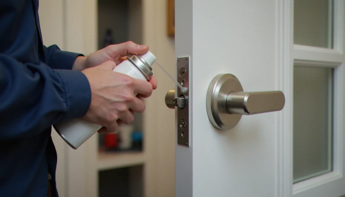 Entretien annuel d'une serrure sans souci avec spray lubrifiant PTFE par un serrurier à Lyon