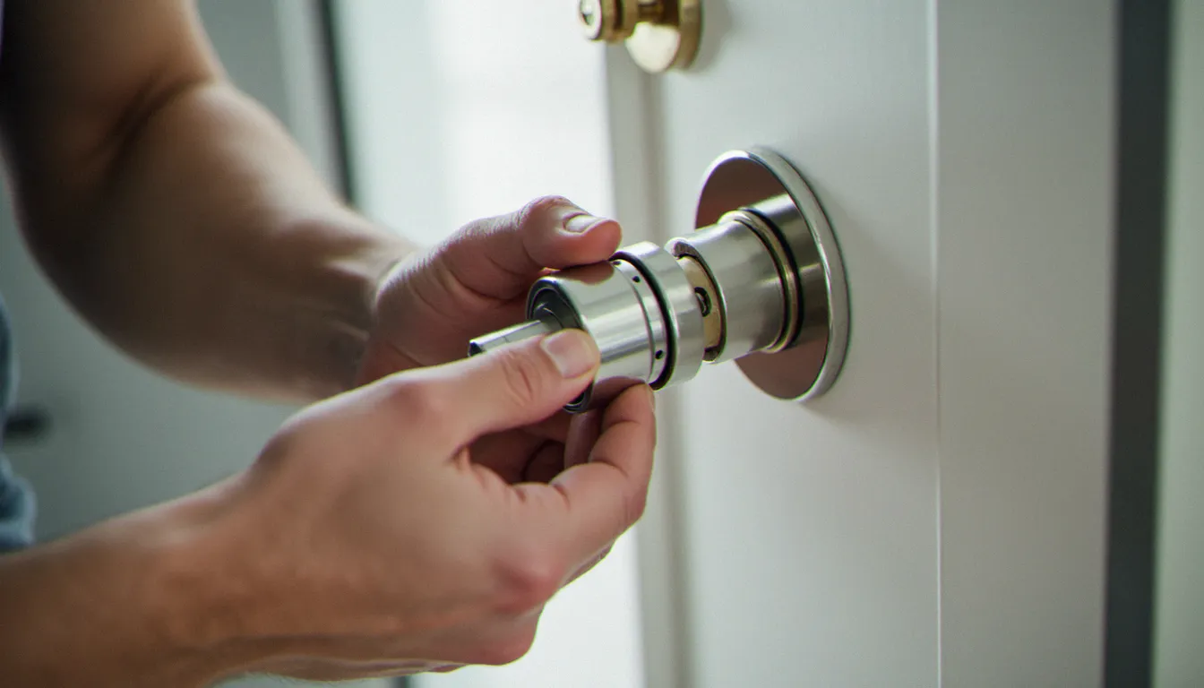 Serrurier installant une serrure tubulaire certifiée sur une porte d'entrée d'appartement à Lyon