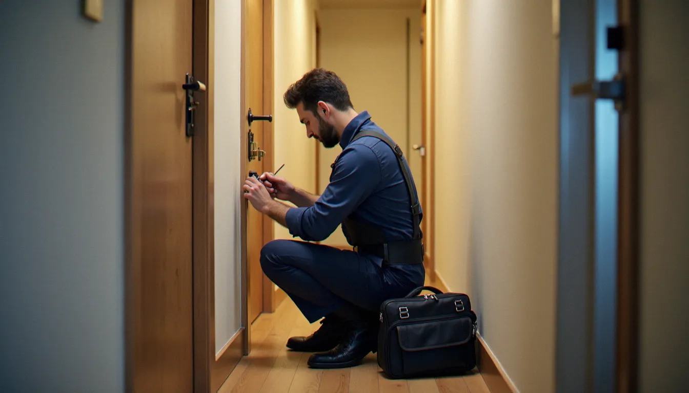 Serrurier professionnel remplaçant un cylindre de porte d'appartement lors d'une intervention de serrurerie à Annecy