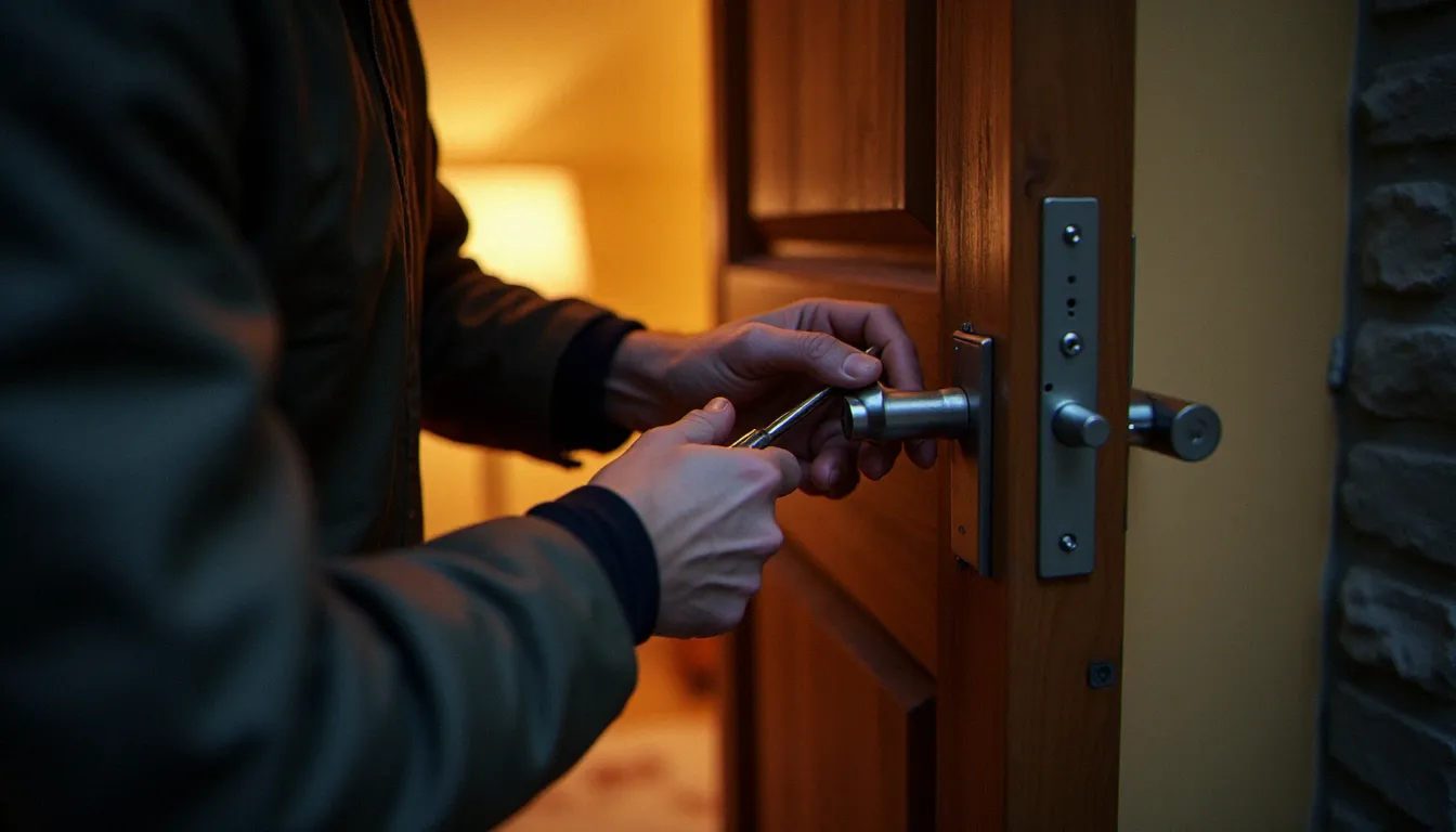 Pose d'une serrure multipoints sur une porte d'entrée par un serrurier lors d'un renforcement de sécurité à Craponne