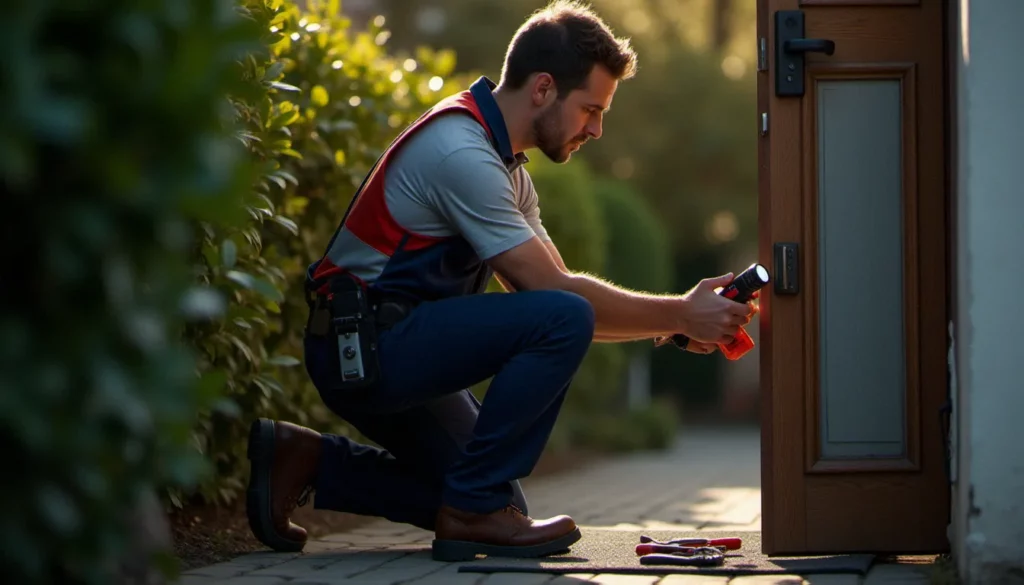 Serrurier professionnel inspectant une serrure de porte d'entrée à Craponne, incarnant la serrurerie arnaud craponne de confiance