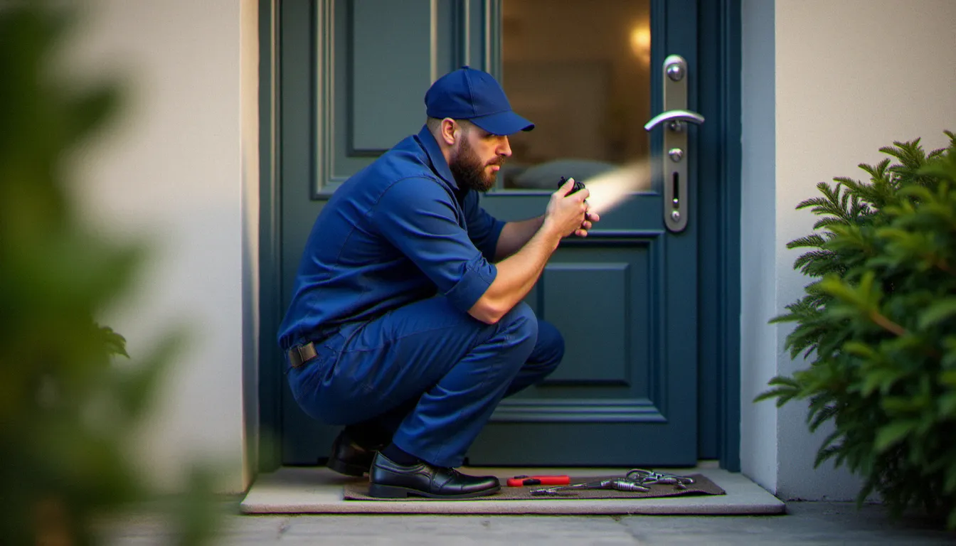 Serrurier professionnel examinant une serrure de porte d'entrée dans une maison du quartier Arnaud Craponne à Lyon