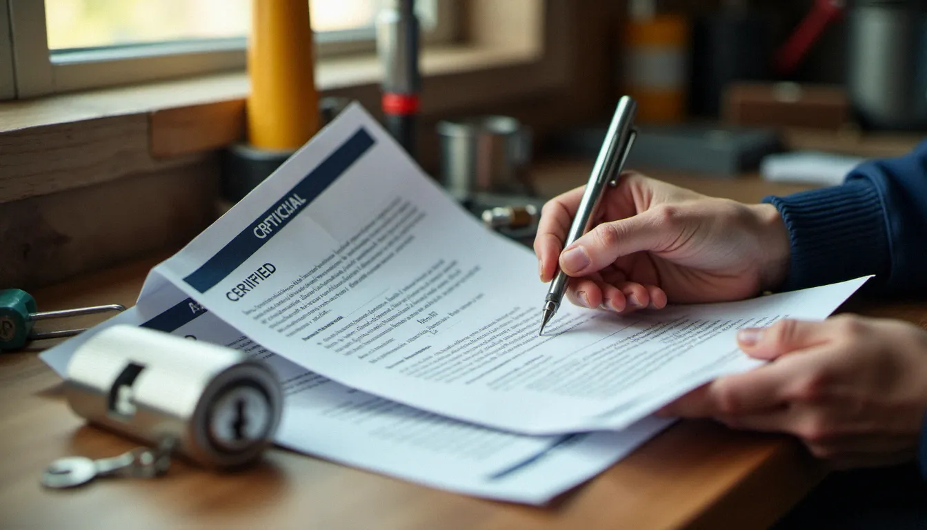 Serrurier présentant un cylindre certifié A2P et ses documents professionnels, gages de sérieux pour une intervention de serrurerie