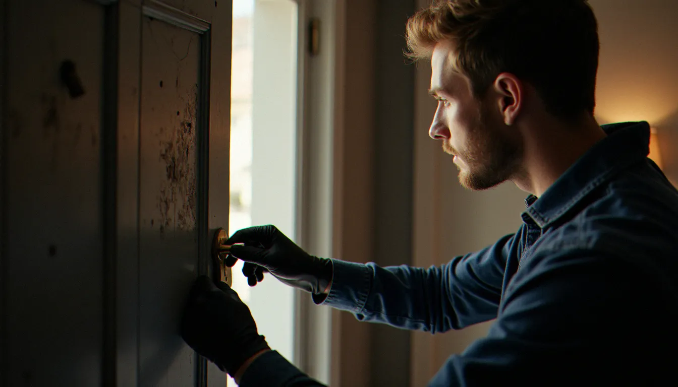 Serrurier installant une nouvelle serrure de sécurité sur une porte d'appartement endommagée après une tentative d'effraction, intervention d'urgence en serrurerie