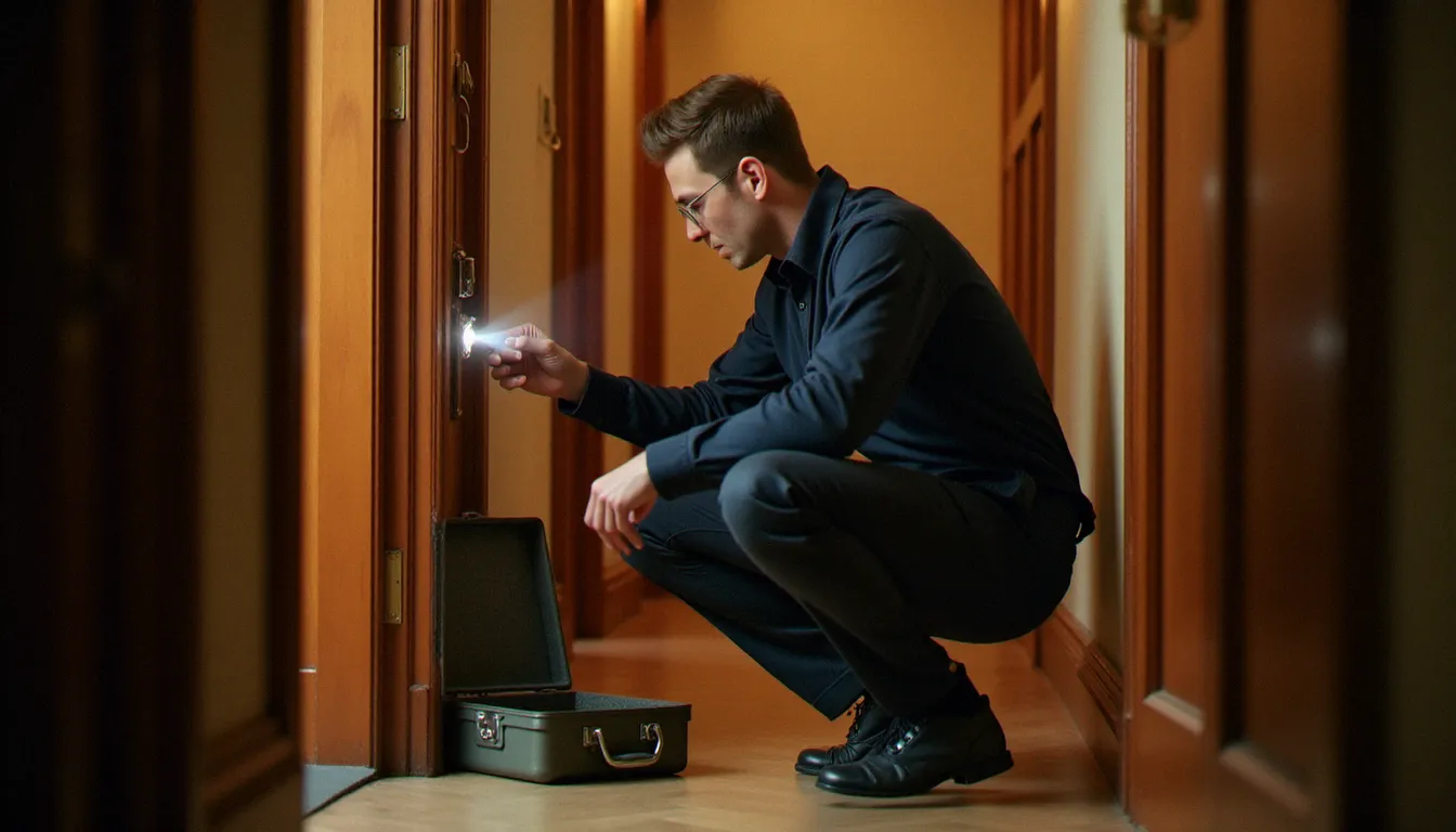 Serrurier professionnel examinant une serrure endommagée sur une porte d'appartement lors d'une intervention de serrurerie à Chambéry