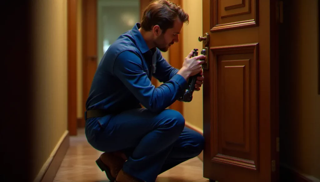 Serrurier professionnel intervenant sur une serrure de porte d'appartement à Lyon, illustration d'une intervention de serrurerie du lac