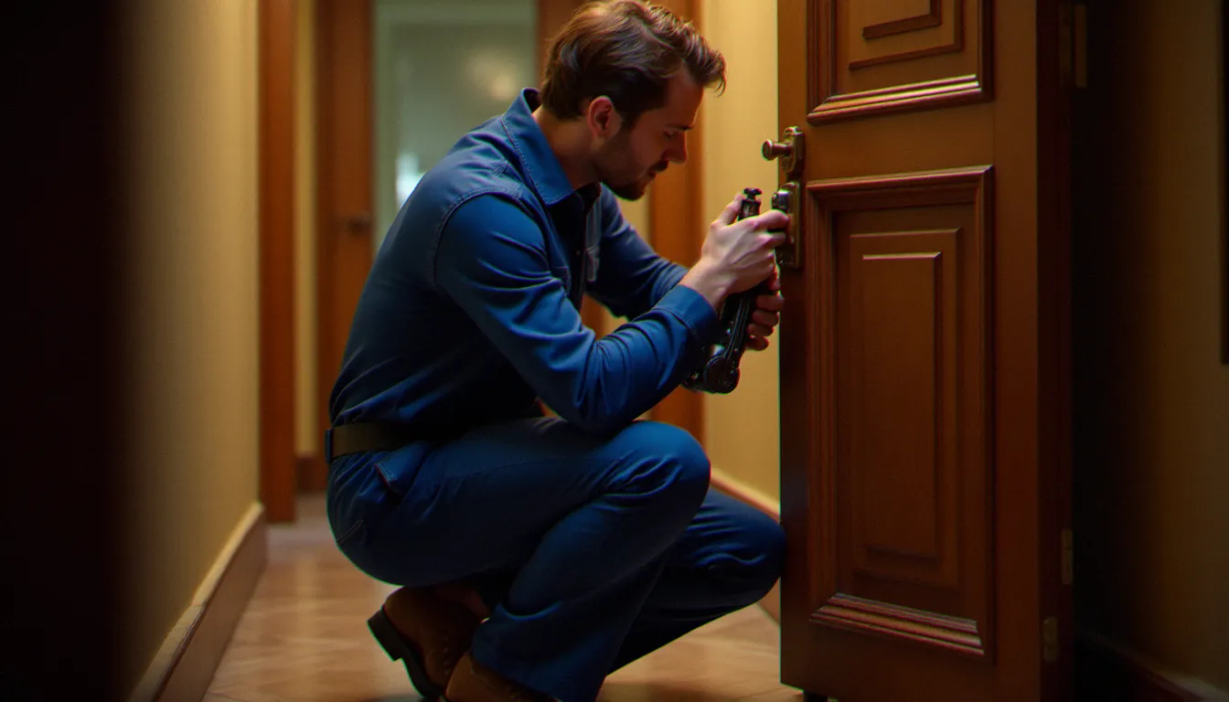Serrurier professionnel intervenant sur une serrure de porte d'appartement à Lyon, illustration d'une intervention de serrurerie du lac