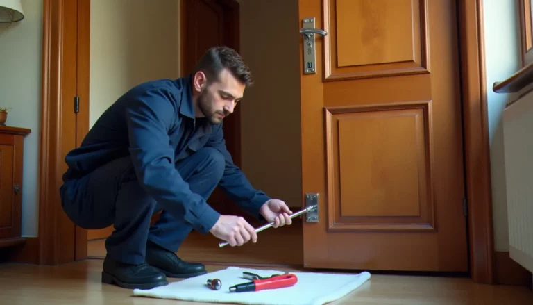 Serrurier professionnel installant un cylindre haute sécurité certifié sur une porte d'appartement à Lyon Est, illustration des services de serrurerie est lyonnaise