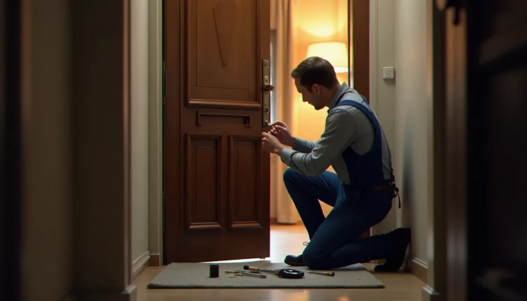 Serrurier professionnel inspectant une serrure haute sécurité sur une porte d'entrée d'immeuble lyonnais, illustrant que la serrurerie est une discipline technique de précision