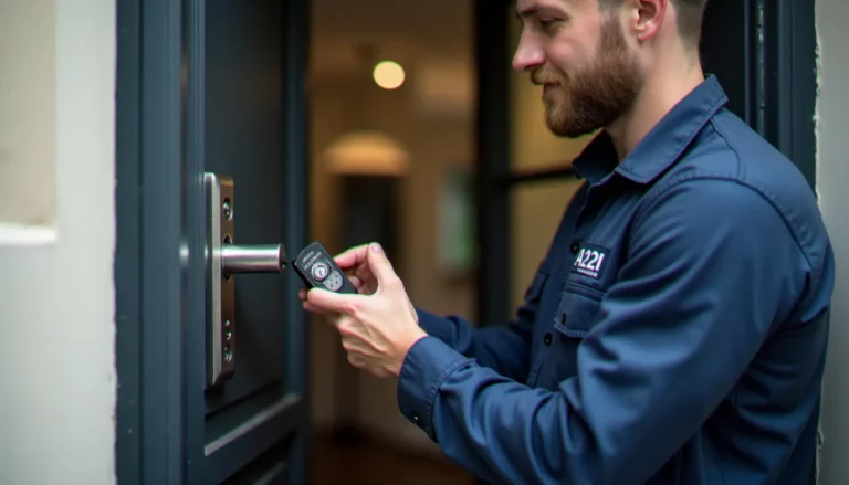 Serrurier professionnel tenant un cylindre de serrure haute sécurité devant une porte d'entrée d'immeuble à Lyon, illustration du métier de la serrurerie