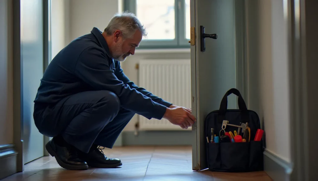 Serrurier professionnel en France examinant une serrure de sécurité sur une porte d'appartement, illustration du métier de serrurerie france