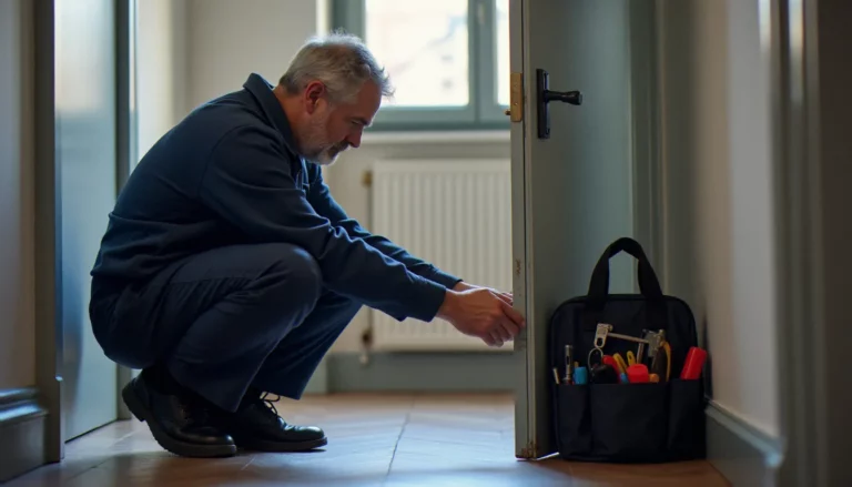 Serrurier professionnel en France examinant une serrure de sécurité sur une porte d'appartement, illustration du métier de serrurerie france