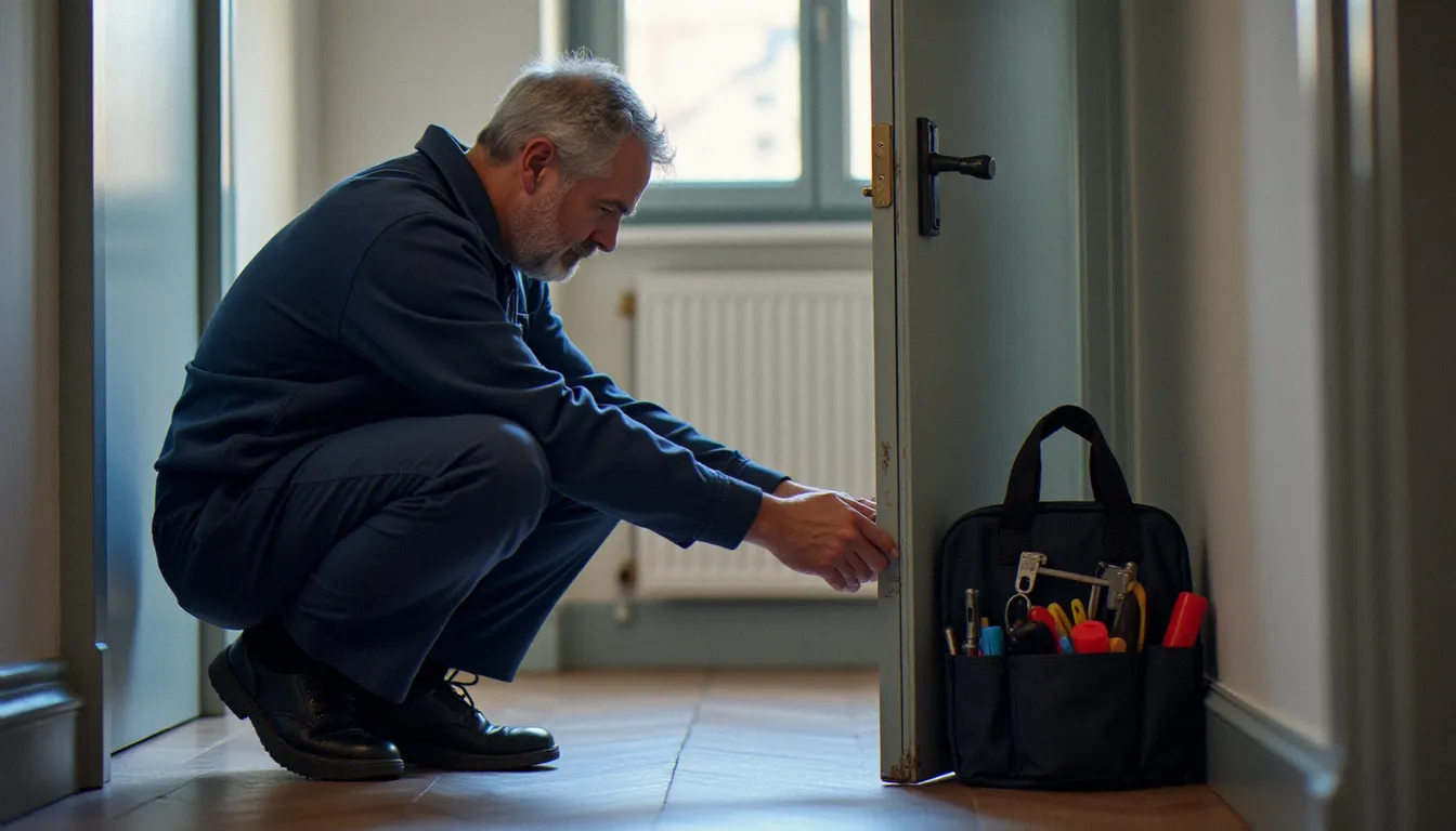 Serrurier professionnel en France examinant une serrure de sécurité sur une porte d'appartement, illustration du métier de serrurerie france