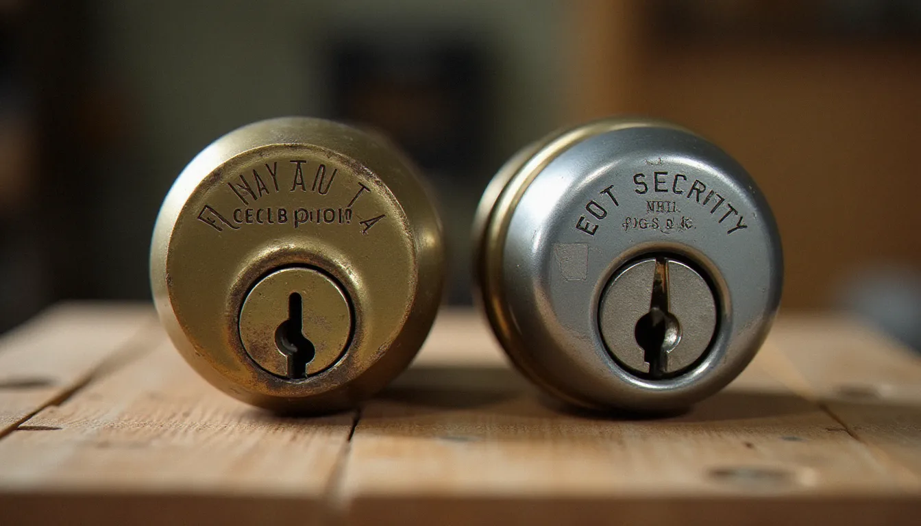 Comparaison entre un cylindre de serrure standard usagé et un cylindre haute sécurité certifié A2P, posés sur un établi de serrurier