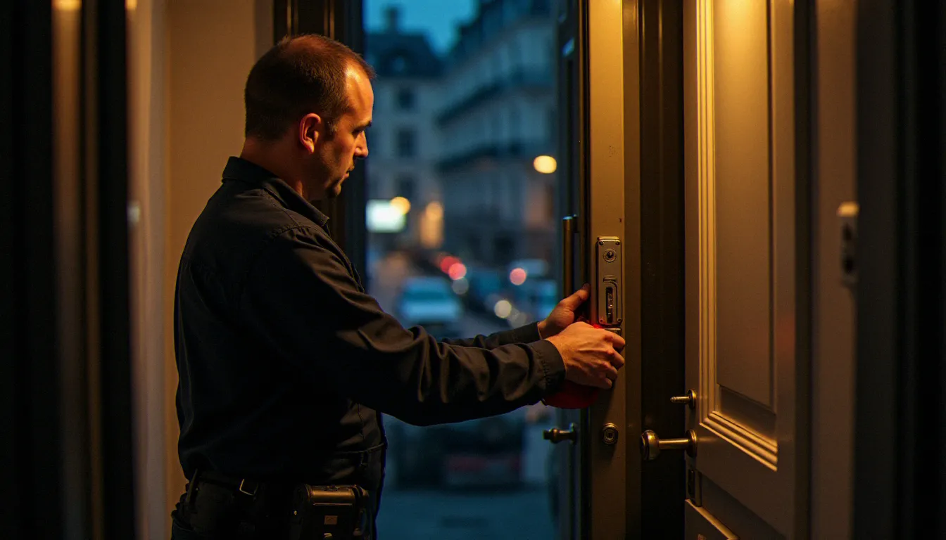 Pose d'un blindage de porte palière par un serrurier professionnel dans un immeuble grenoblois, intervention de renforcement anti-effraction