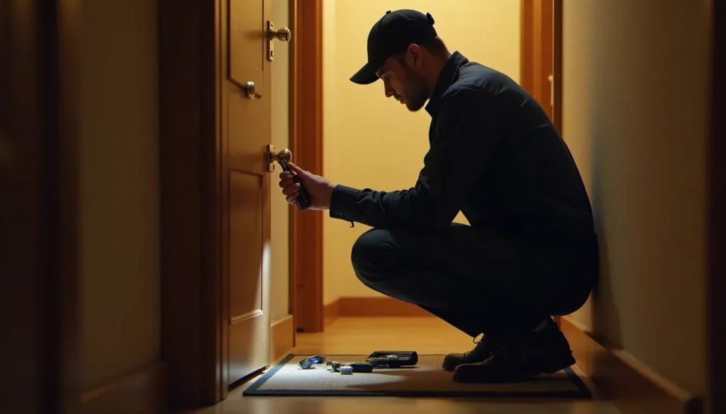 Serrurier professionnel examinant une serrure de porte d'appartement dans un couloir de copropriété grenobloise, intervention de serrurerie grenoble