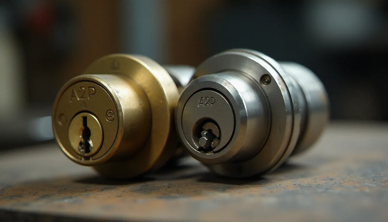 Comparaison entre un ancien cylindre de serrure usé et un nouveau cylindre haute sécurité certifié A2P, illustrant le niveau de protection en serrurerie à Guidel