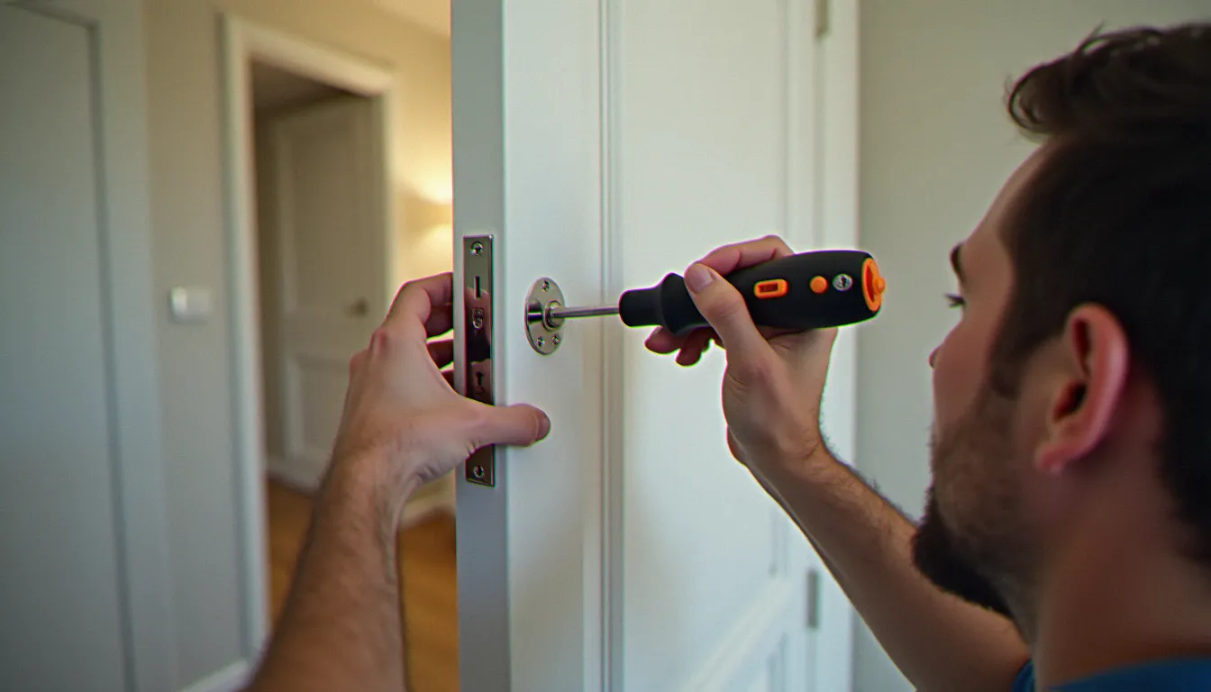 Pose d'une serrure multipoints par un serrurier sur une porte d'appartement à Guidel pour renforcer la protection contre les cambriolages