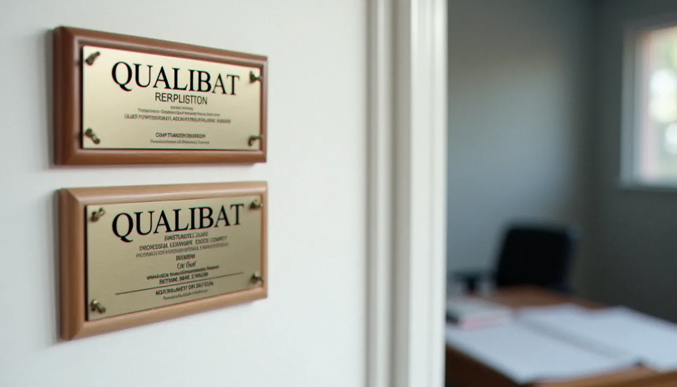 Plaques de certification QUALIBAT affichées par une serrurerie professionnelle à Lyon, garantissant la qualité et la fiabilité du serrurier