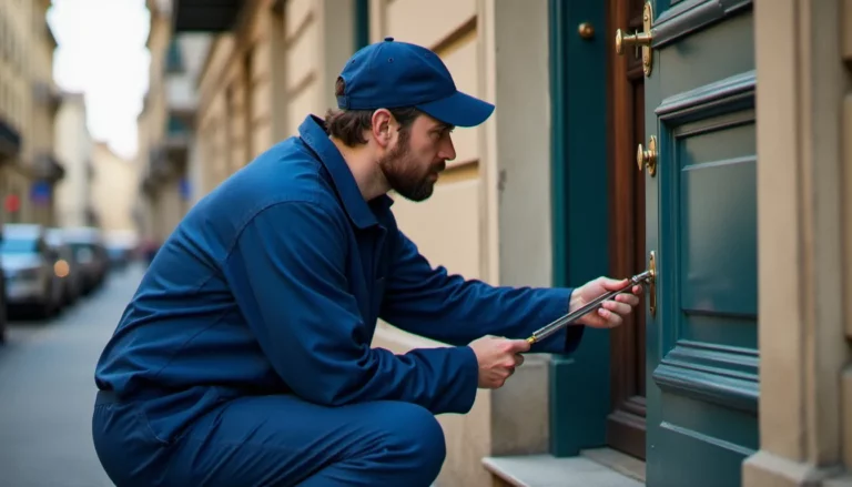 Serrurier professionnel en uniforme intervenant sur une serrure multipoints d'une porte d'appartement à Lyon, illustration d'un service de serrurerie à Lyon