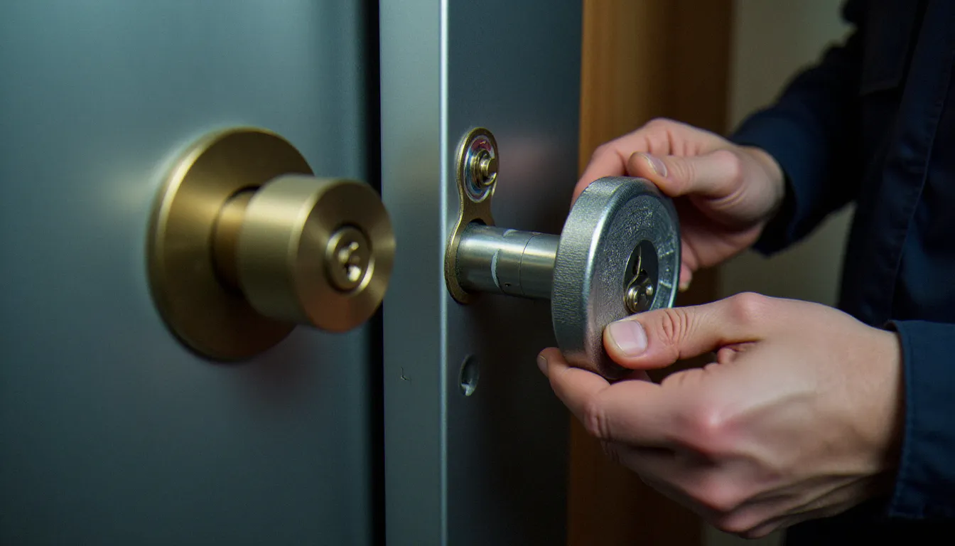 Gros plan sur la pose d'un cylindre de serrure haute sécurité certifié A2P dans une porte blindée en acier par un serrurier professionnel