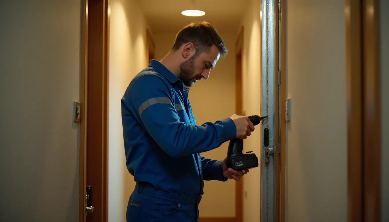 Artisan en serrurerie métallerie posant un encadrement de porte blindée dans un couloir d'immeuble haussmannien à Lyon