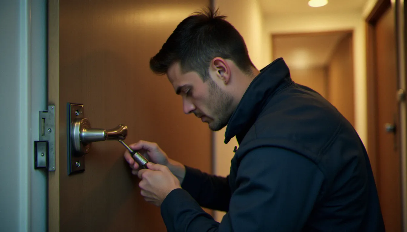 Technicien serrurier installant un mécanisme de serrure multipoints sur une porte blindée lors d'une prestation de serrurerie à Oyonnax